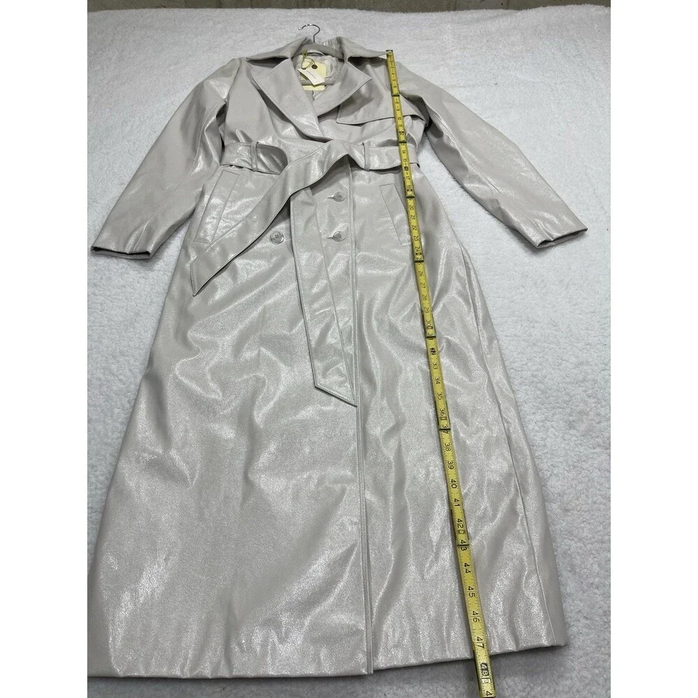 Anthropologie Trench Coat Women Ivory Belted High Shine Preppy Boho Size 4 NWT